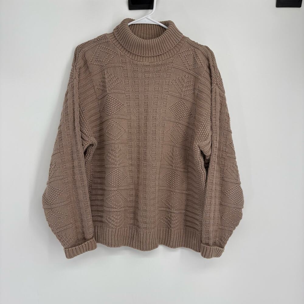 Lands End Women’s Tan Cable Knit Mock Neck Fisherman Sweater Size‎ Large